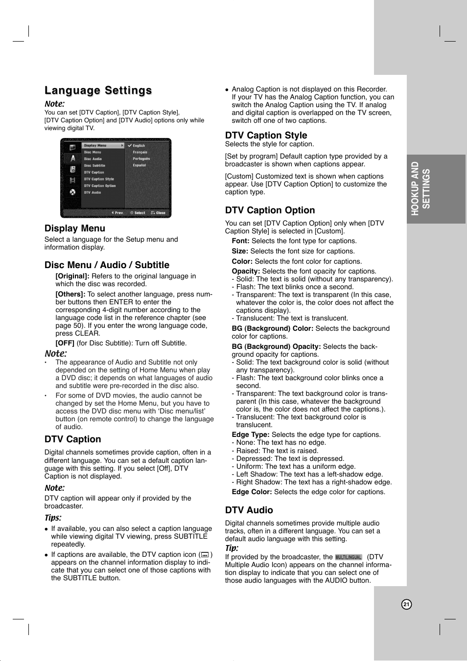 Language settings, Hookup and settings, Display menu | Disc menu / audio / subtitle, Dtv caption, Dtv caption style, Dtv caption option, Dtv audio | JVC DR-MV99BU User Manual | Page 21 / 57