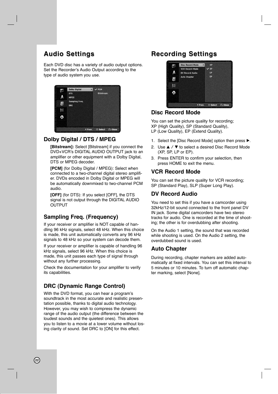 Audio settings, Recording settings | JVC DR-MV99BU User Manual | Page 22 / 57