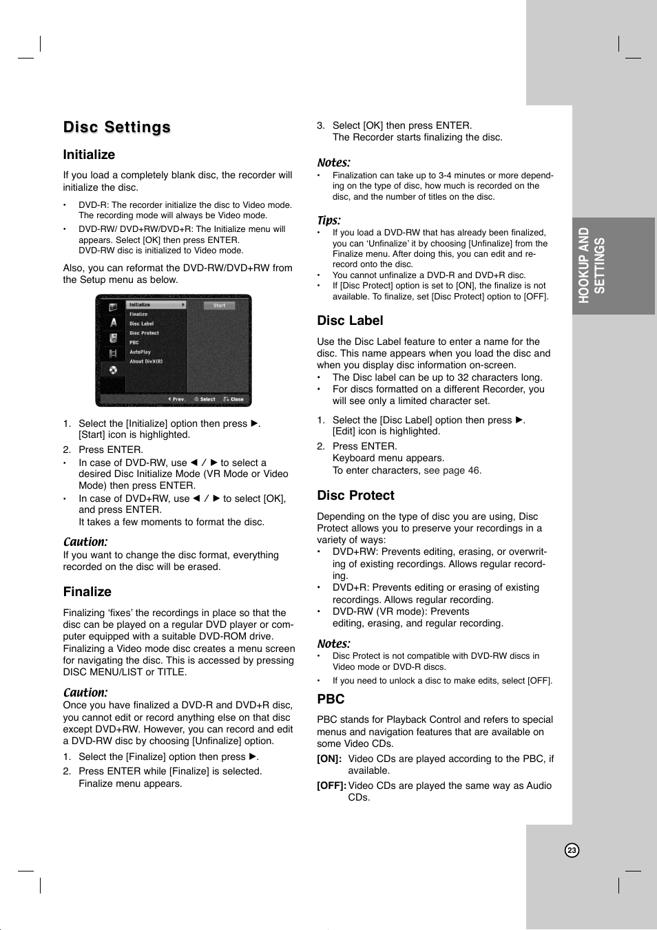 Disc settings, Reference, Hookup and settings | Initialize, Finalize, Disc label, Disc protect | JVC DR-MV99BU User Manual | Page 23 / 57
