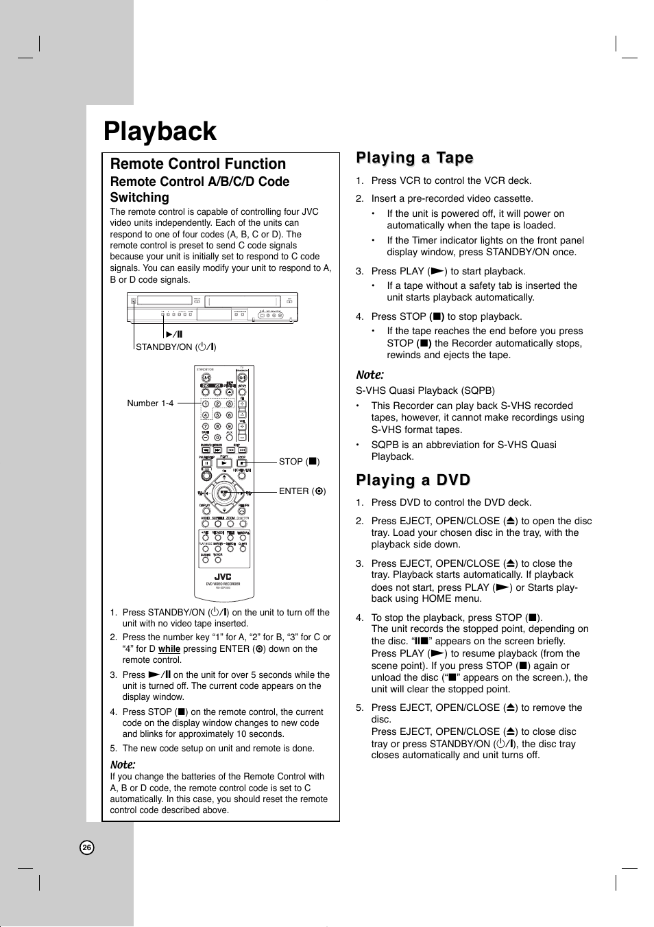 Playback, Playing a t, Playing a t ape ape | Playing a dvd, Remote control function, Remote control a/b/c/d code switching | JVC DR-MV99BU User Manual | Page 26 / 57