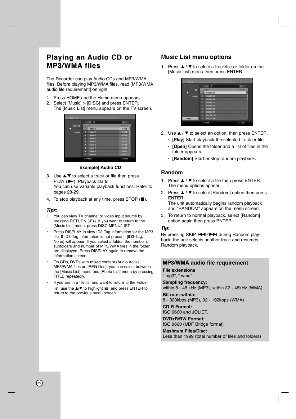 Playing an, Music list menu options | JVC DR-MV99BU User Manual | Page 32 / 57