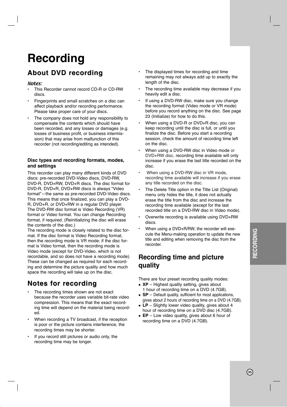 About dvd recording, Recording time and picture quality, Recording | JVC DR-MV99BU User Manual | Page 35 / 57