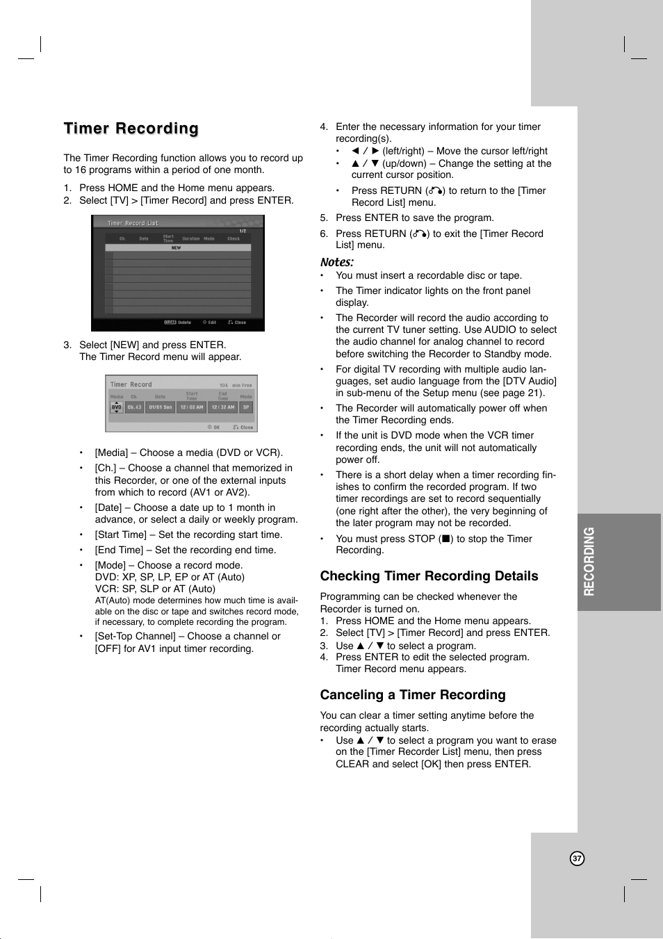 Timer recording imer recording, Recording, Checking timer recording details | Canceling a timer recording | JVC DR-MV99BU User Manual | Page 37 / 57