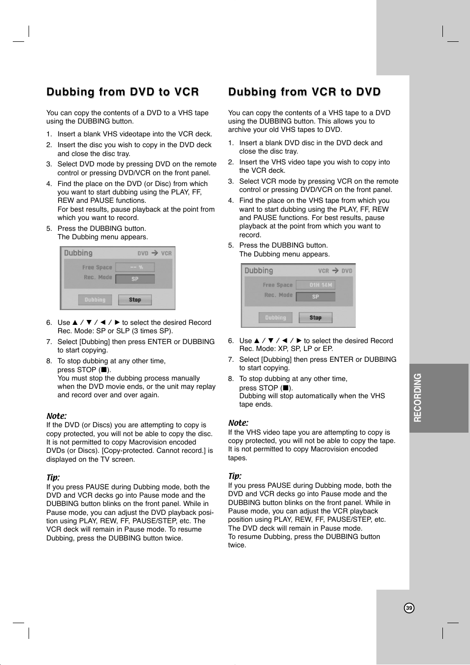 Dubbing from dvd to vcr, Dubbing from vcr to dvd, Recording | JVC DR-MV99BU User Manual | Page 39 / 57