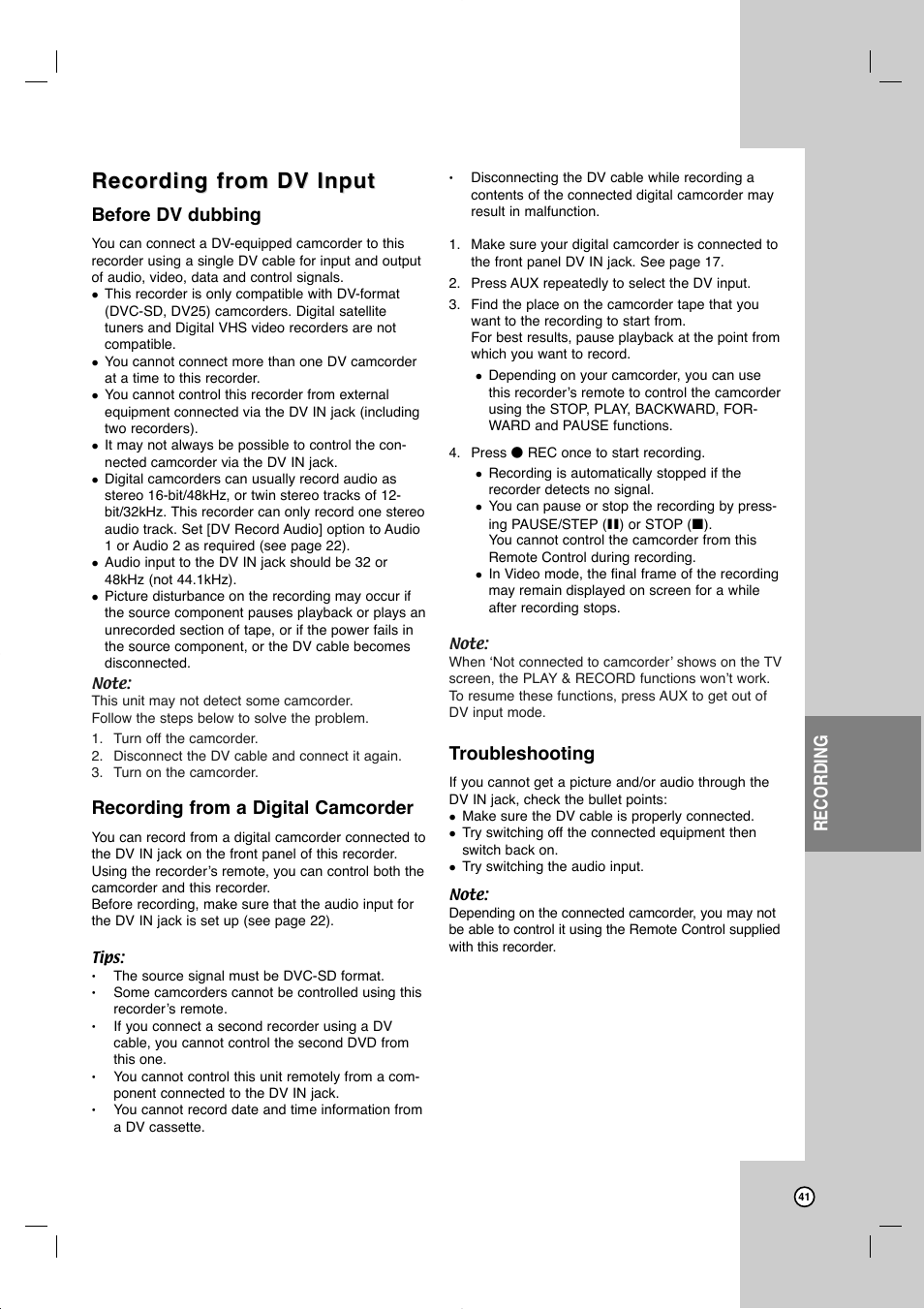 Recording from dv input, Recording, Before dv dubbing | Recording from a digital camcorder, Troubleshooting | JVC DR-MV99BU User Manual | Page 41 / 57