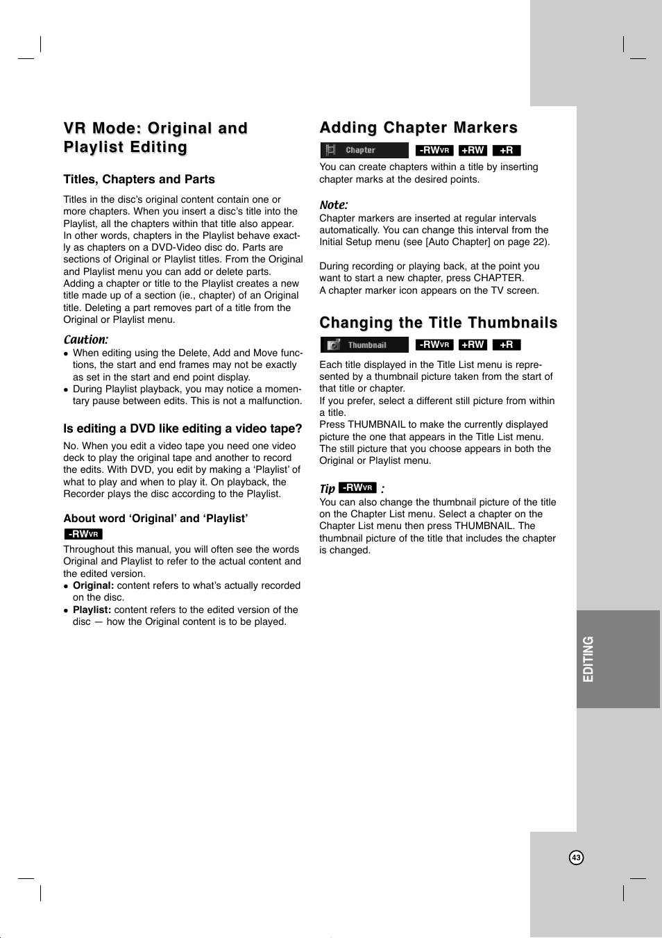 Vr mode: original and, Adding chapter markers, Changing the t | Changing the t itle thumbnails itle thumbnails | JVC DR-MV99BU User Manual | Page 43 / 57