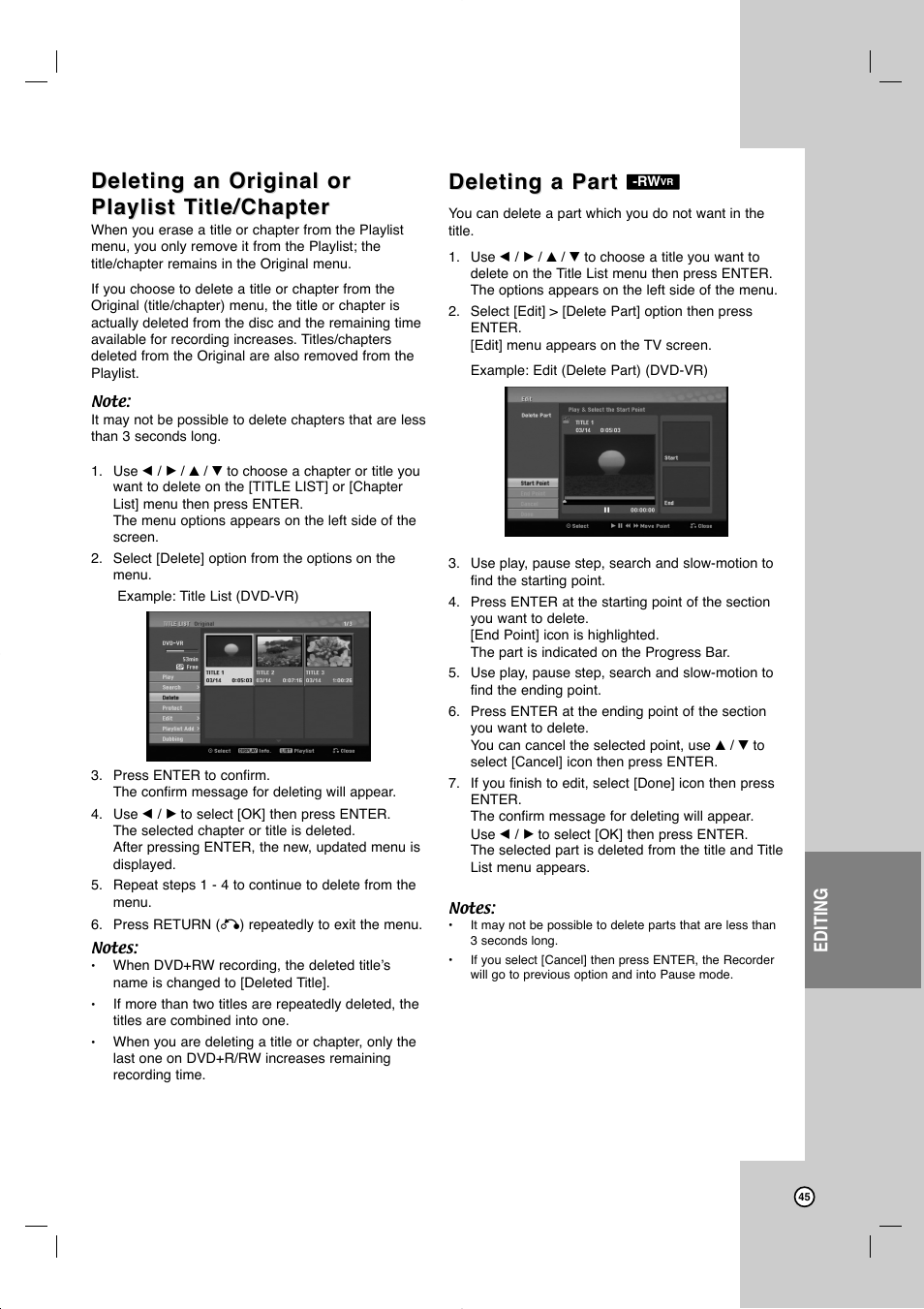 Deleting an original or, Deleting a part, Editing | JVC DR-MV99BU User Manual | Page 45 / 57