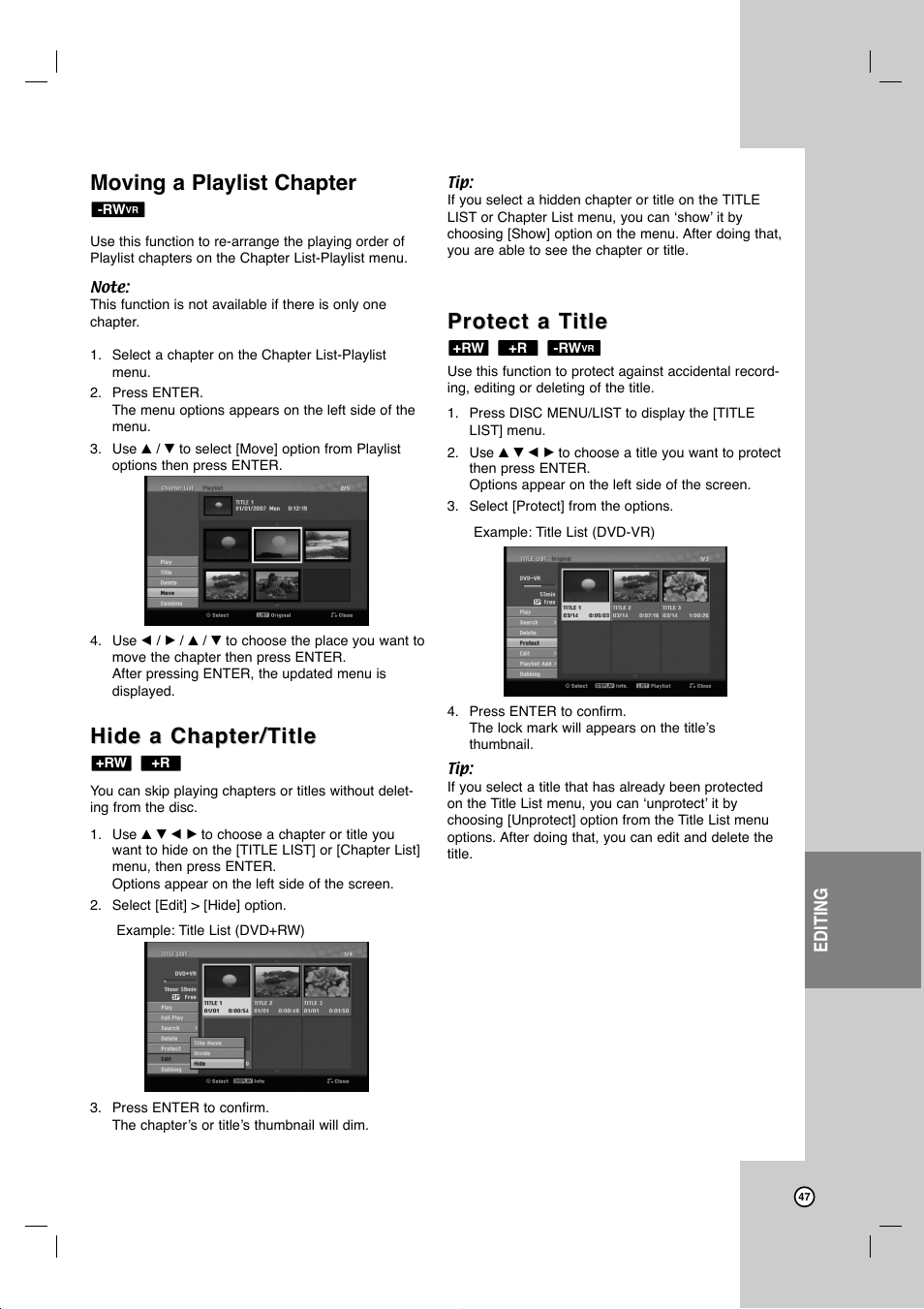 Moving a playlist chapter, Hide a chapter/t, Hide a chapter/t itle itle | Protect a t, Protect a t itle itle, Editing | JVC DR-MV99BU User Manual | Page 47 / 57