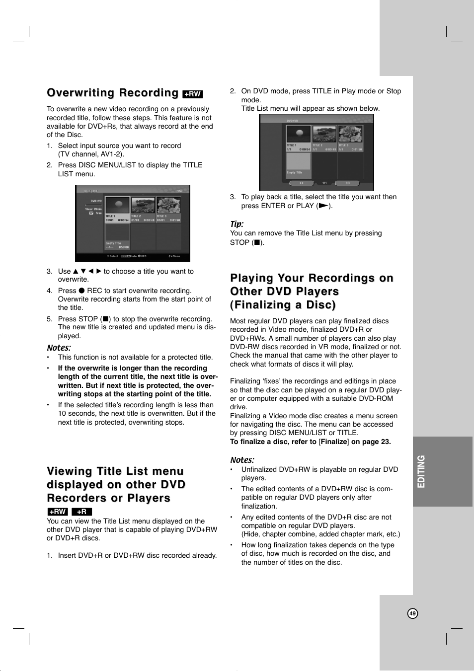 Overwriting recording, Playing | JVC DR-MV99BU User Manual | Page 49 / 57