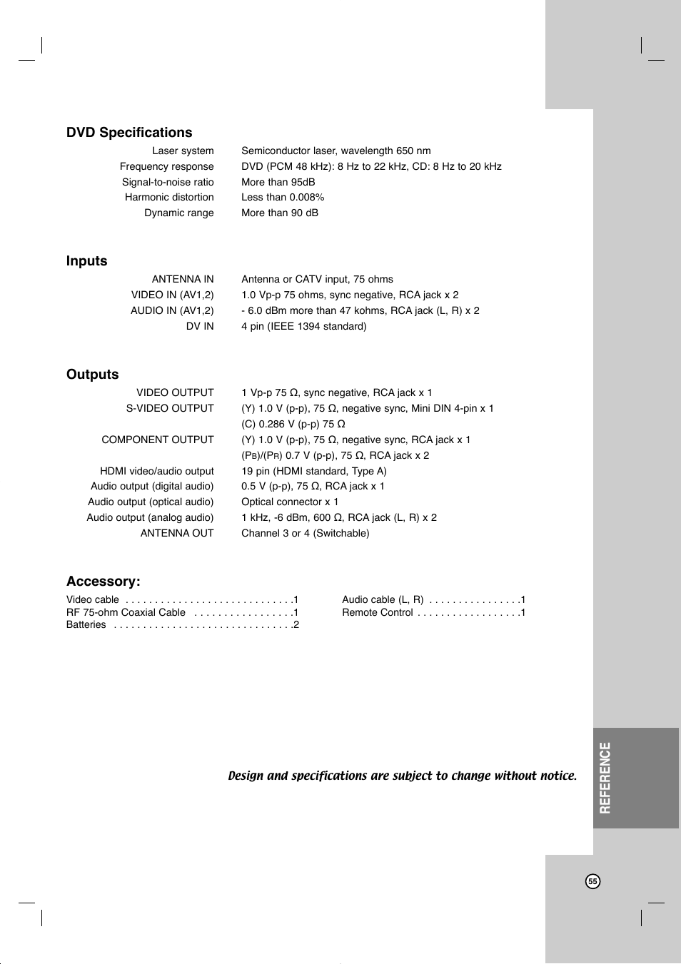 Reference dvd specifications, Inputs, Outputs | Accessory | JVC DR-MV99BU User Manual | Page 55 / 57