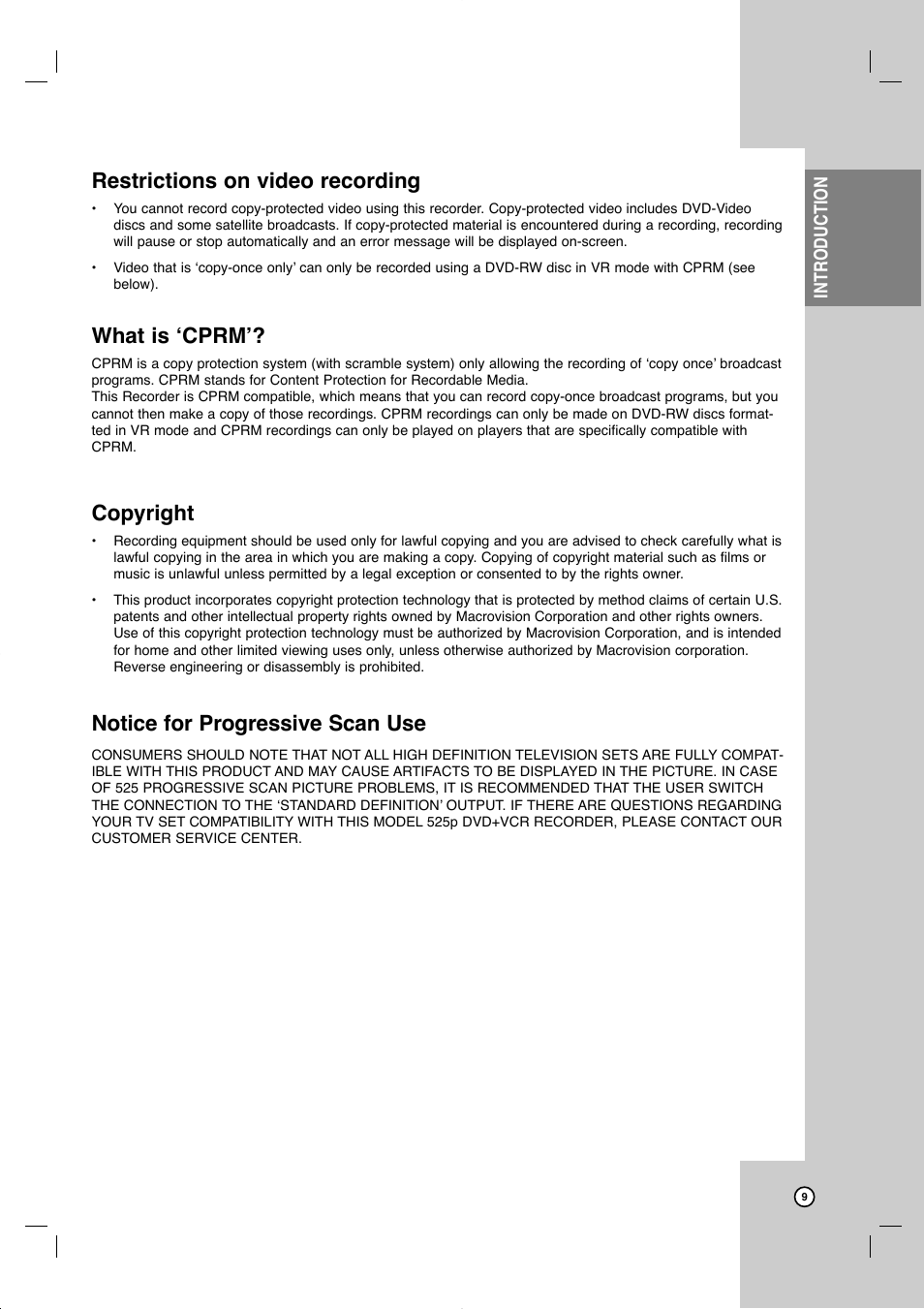 Restrictions on video recording, What is ‘cprm, Copyright | Notice for progressive scan use | JVC DR-MV99BU User Manual | Page 9 / 57