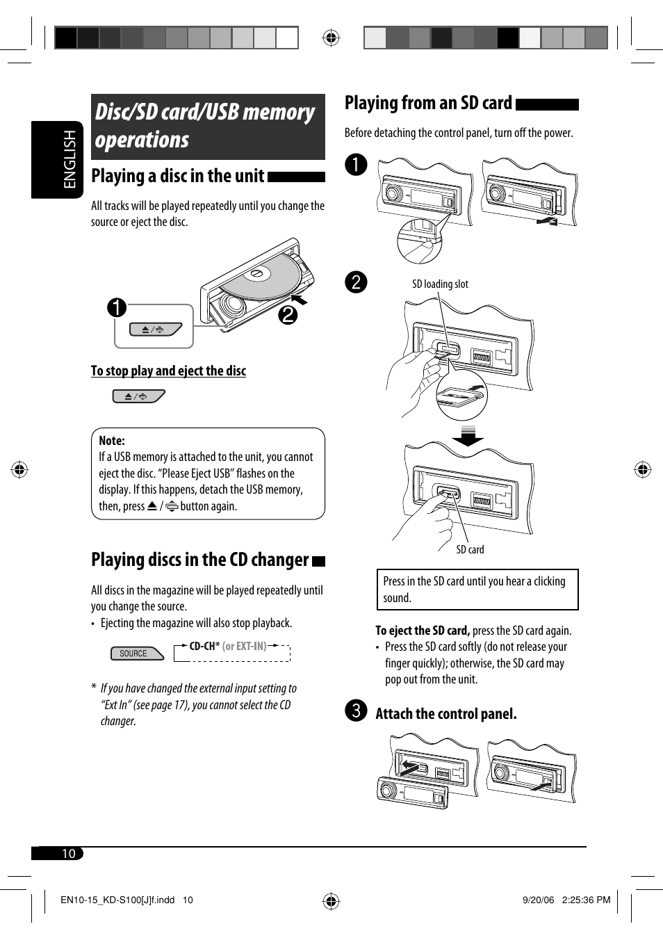 Disc/sd card/usb memory operations, Playing a disc in the unit, Playing discs in the cd changer | Playing from an sd card | JVC KD-S100 User Manual | Page 10 / 36