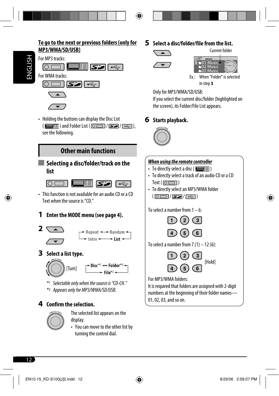 Other main functions, English, Selecting a disc/folder/track on the list | JVC KD-S100 User Manual | Page 12 / 36