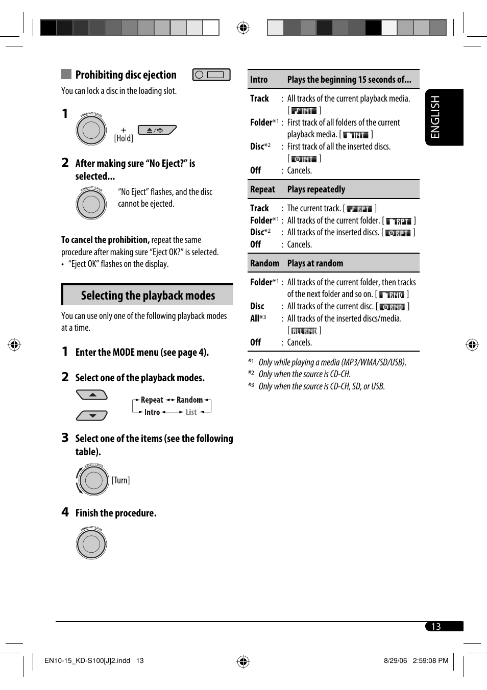 Selecting the playback modes, English prohibiting disc ejection | JVC KD-S100 User Manual | Page 13 / 36