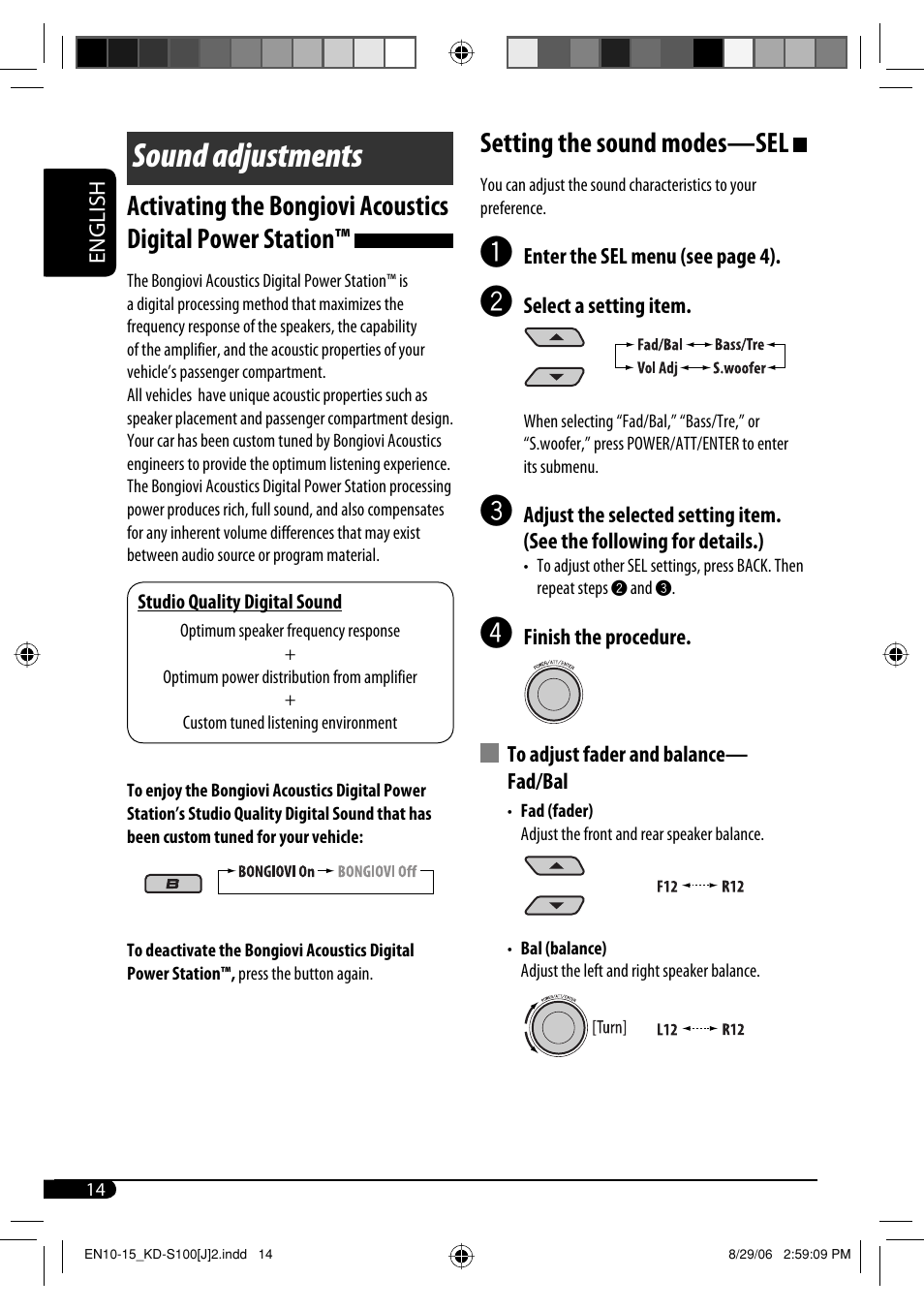 Sound adjustments, Setting the sound modes—sel | JVC KD-S100 User Manual | Page 14 / 36