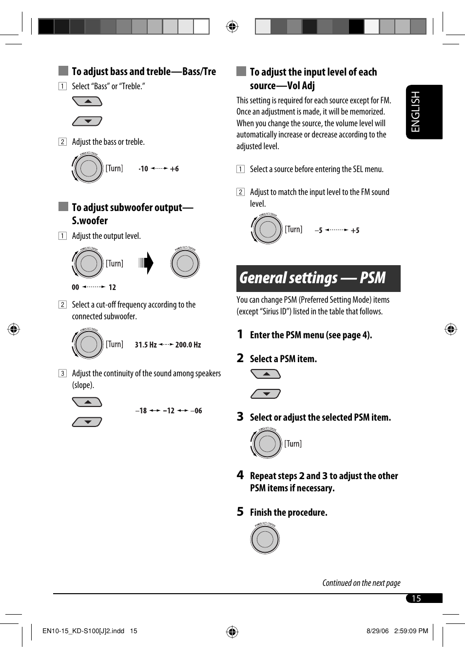 General settings — psm | JVC KD-S100 User Manual | Page 15 / 36