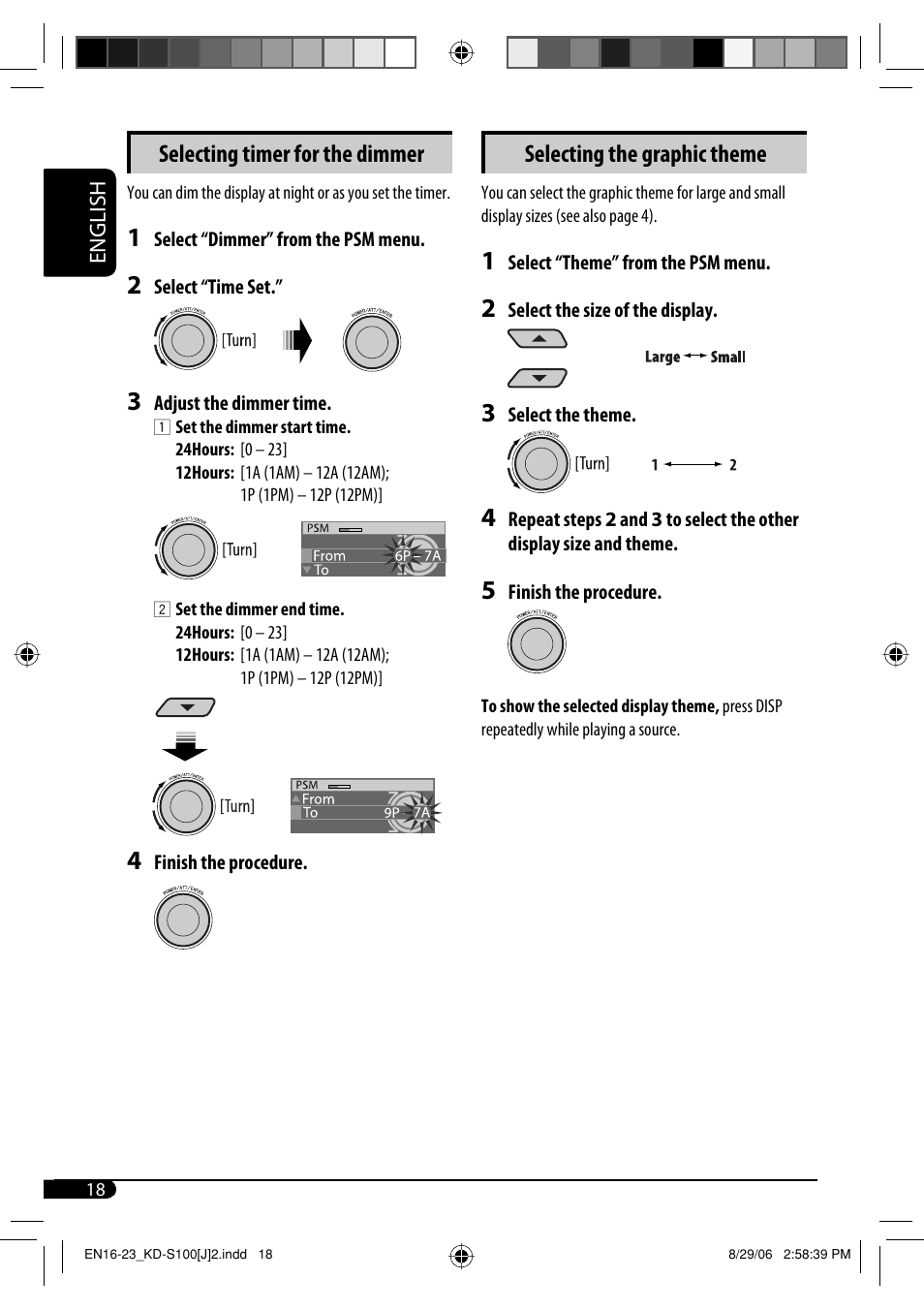 Selecting timer for the dimmer, Selecting the graphic theme | JVC KD-S100 User Manual | Page 18 / 36
