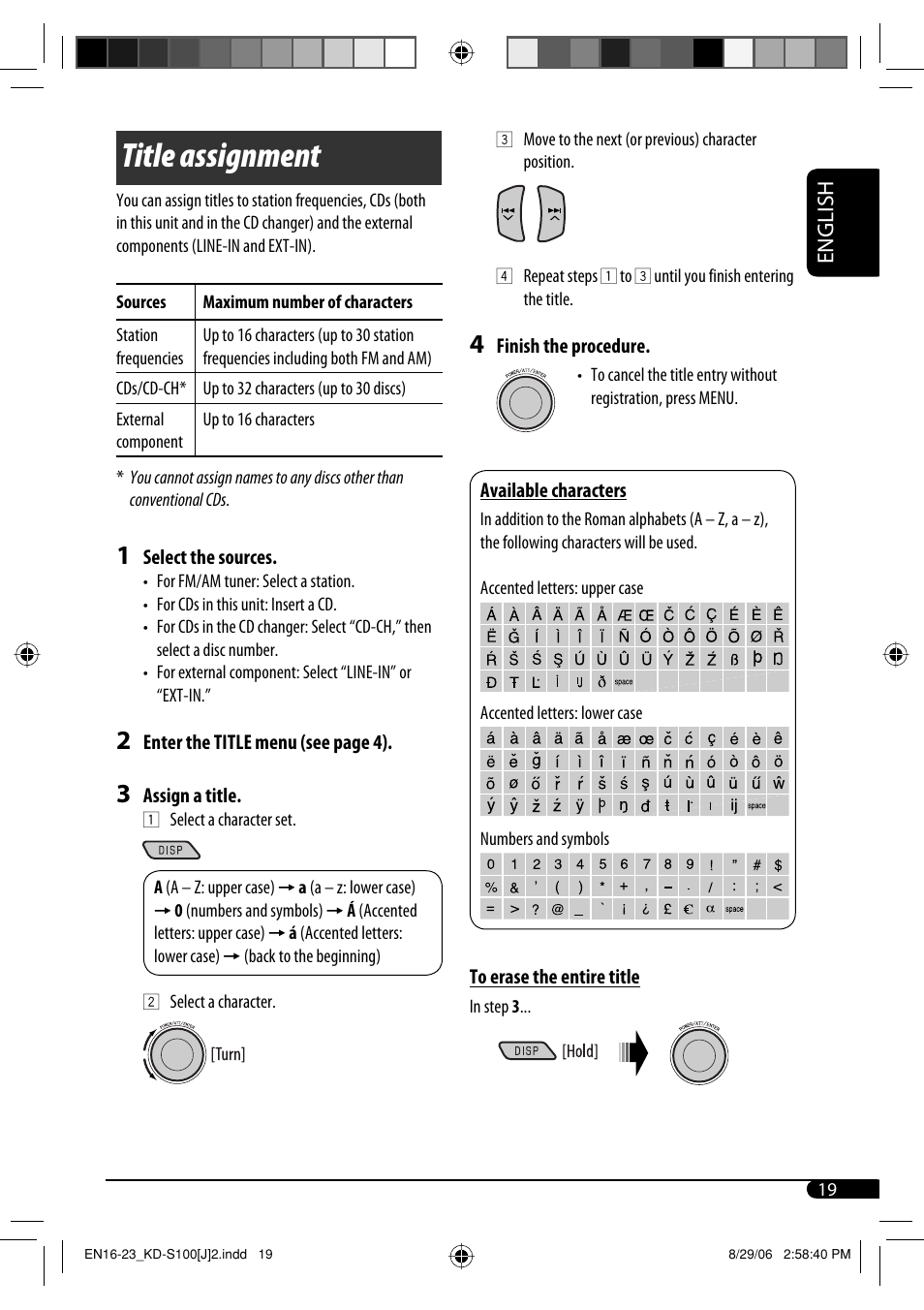 Title assignment, English | JVC KD-S100 User Manual | Page 19 / 36