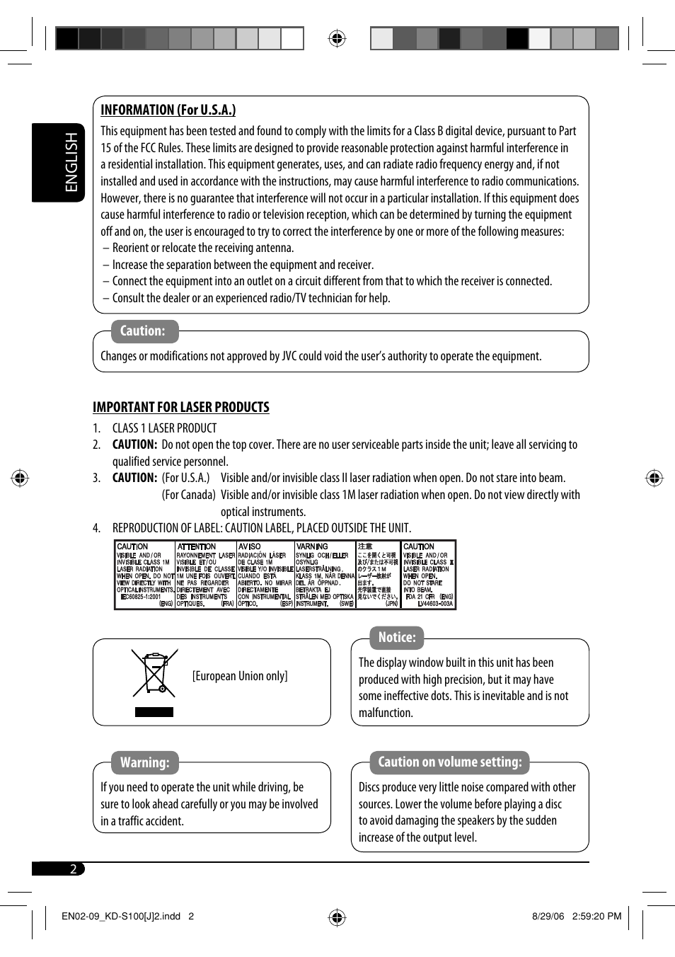 Information (for u.s.a.), Important for laser products, English | JVC KD-S100 User Manual | Page 2 / 36