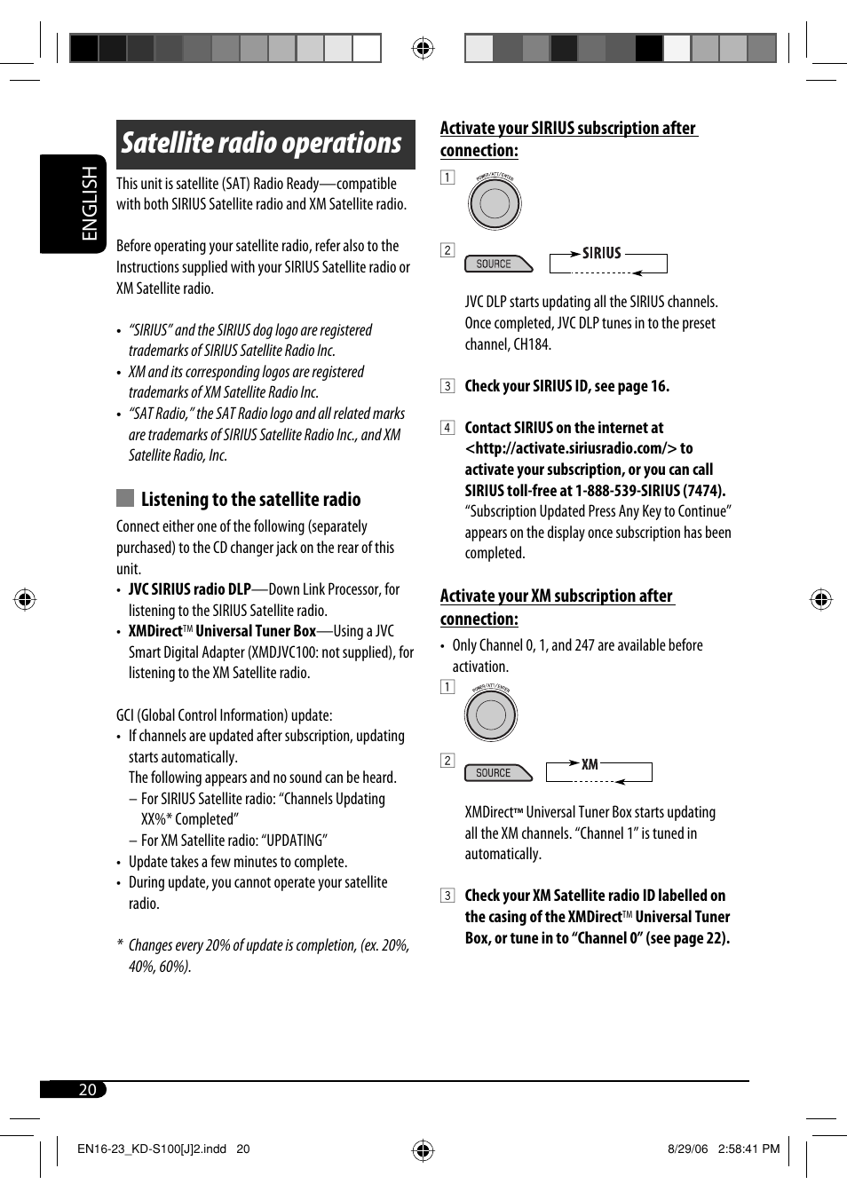 Satellite radio operations, English, Listening to the satellite radio | JVC KD-S100 User Manual | Page 20 / 36