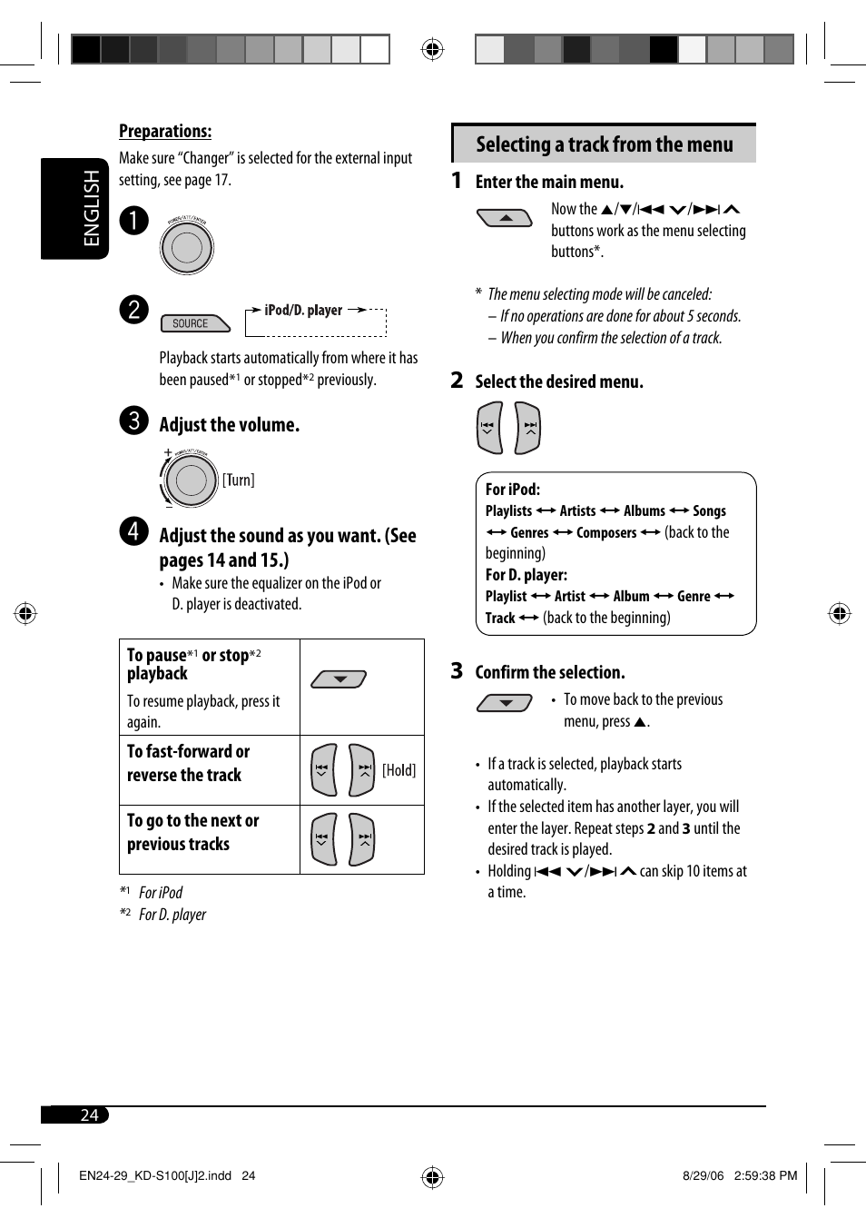 Selecting a track from the menu, English, Adjust the volume | JVC KD-S100 User Manual | Page 24 / 36