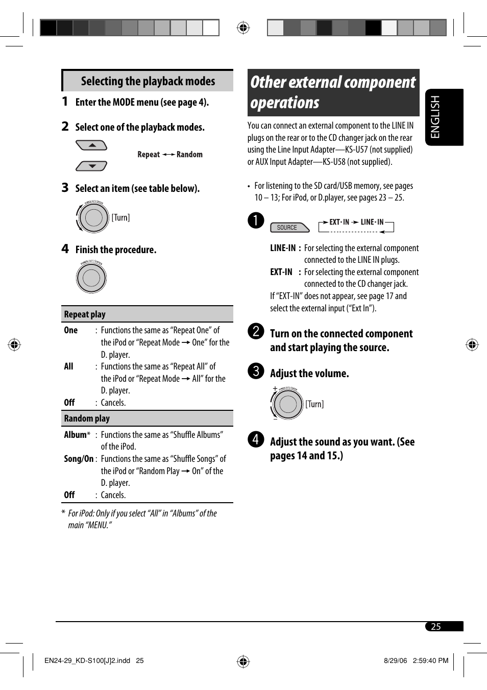 Other external component operations, Selecting the playback modes | JVC KD-S100 User Manual | Page 25 / 36