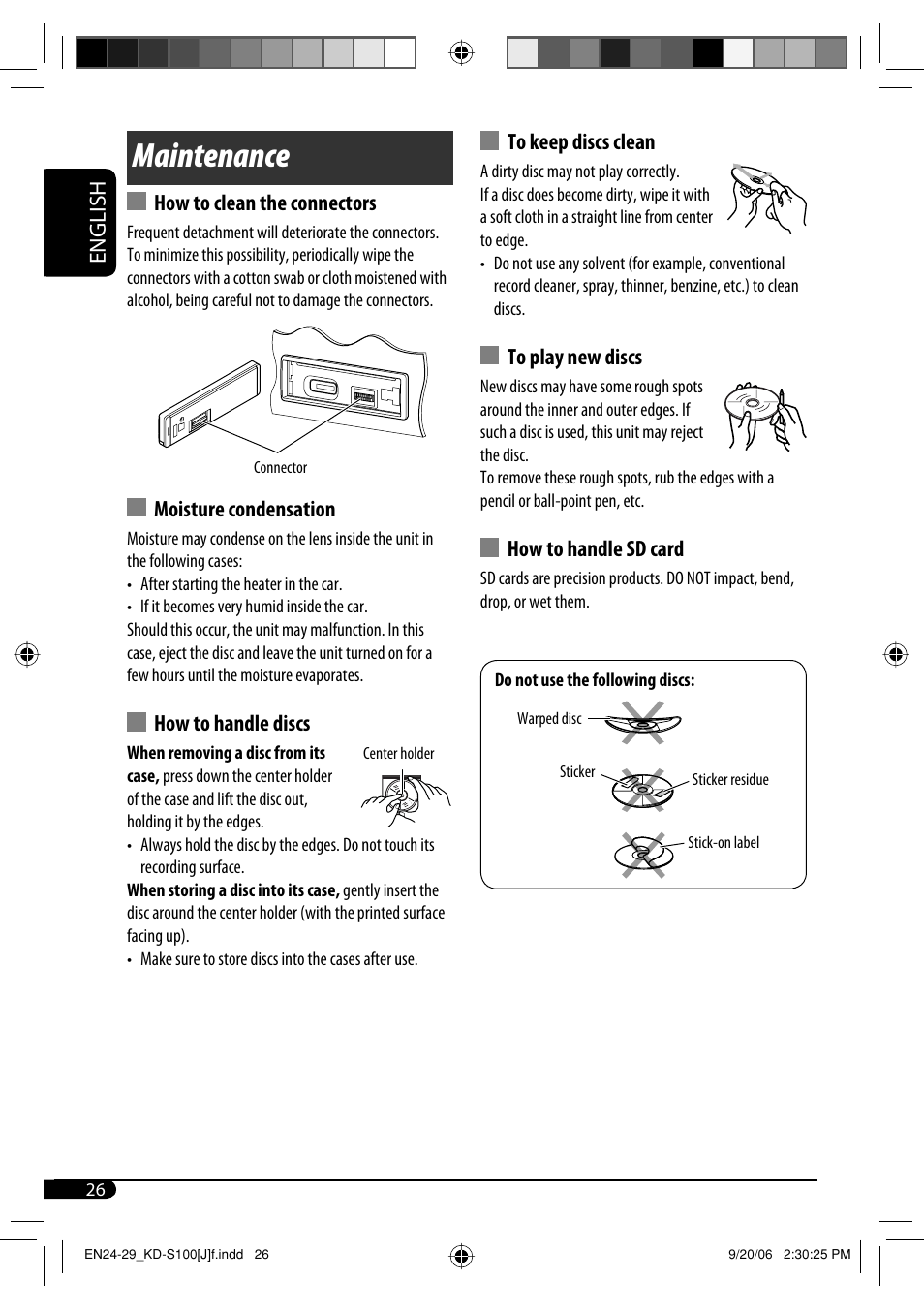 Maintenance, English, How to clean the connectors | Moisture condensation, How to handle discs, How to handle sd card | JVC KD-S100 User Manual | Page 26 / 36