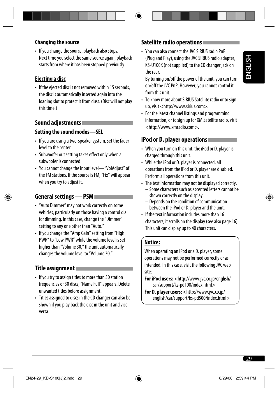 English, Sound adjustments, General settings — psm | Title assignment, Satellite radio operations, Ipod or d. player operations | JVC KD-S100 User Manual | Page 29 / 36