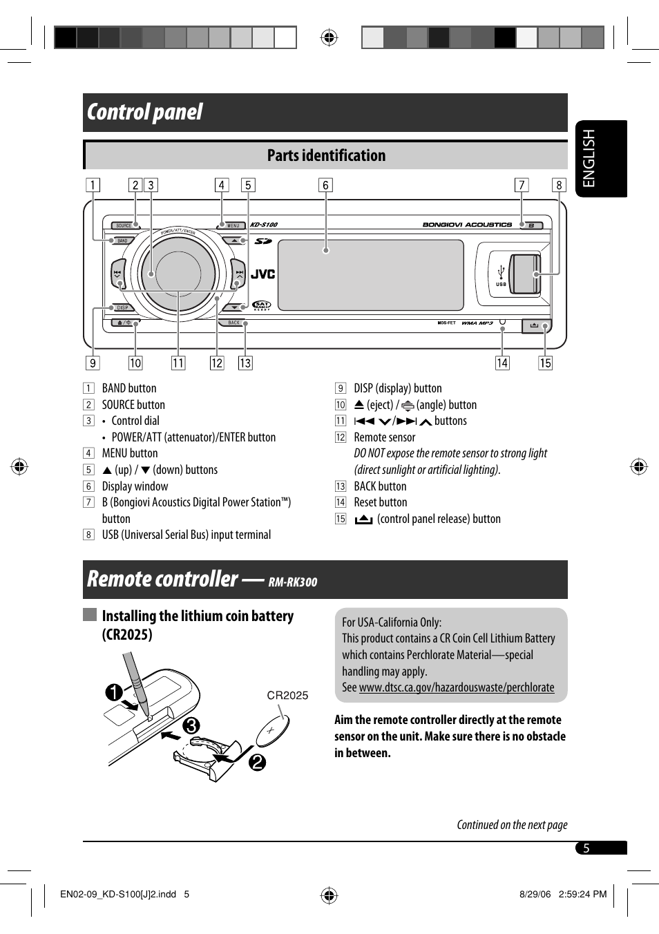 Control panel, Remote controller — rm-rk300, Remote controller | Parts identification, English, Installing the lithium coin battery (cr2025) | JVC KD-S100 User Manual | Page 5 / 36
