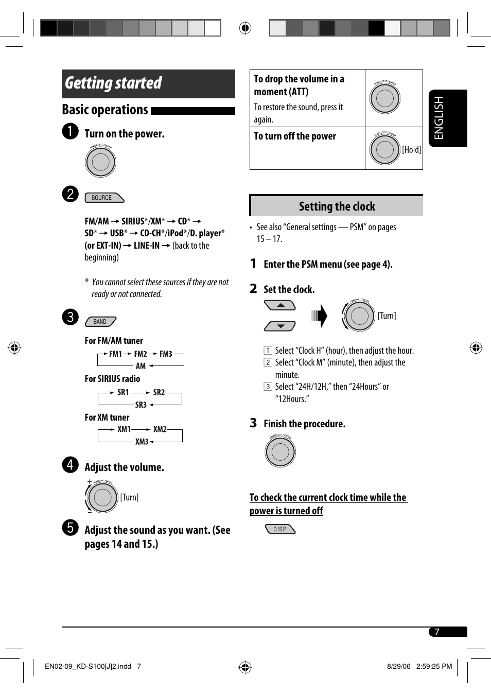 Getting started, Basic operations, Setting the clock | JVC KD-S100 User Manual | Page 7 / 36