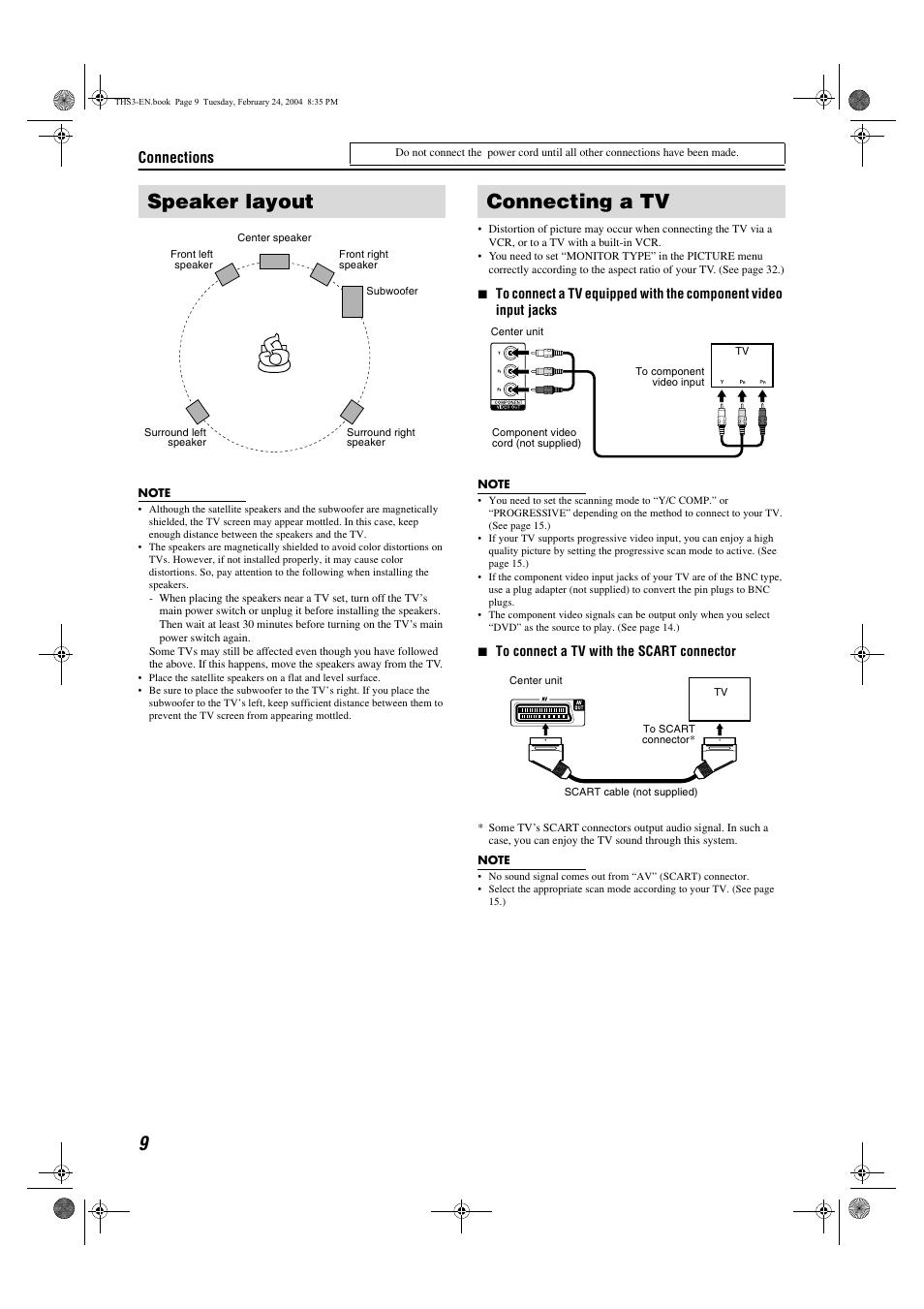 Speaker layout, Connecting a tv, Connections | JVC XV-THS3 User Manual | Page 12 / 44