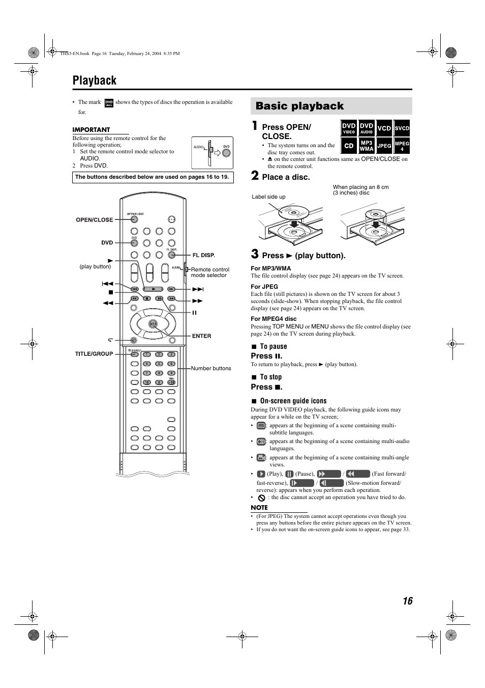 Playback, Basic playback | JVC XV-THS3 User Manual | Page 19 / 44