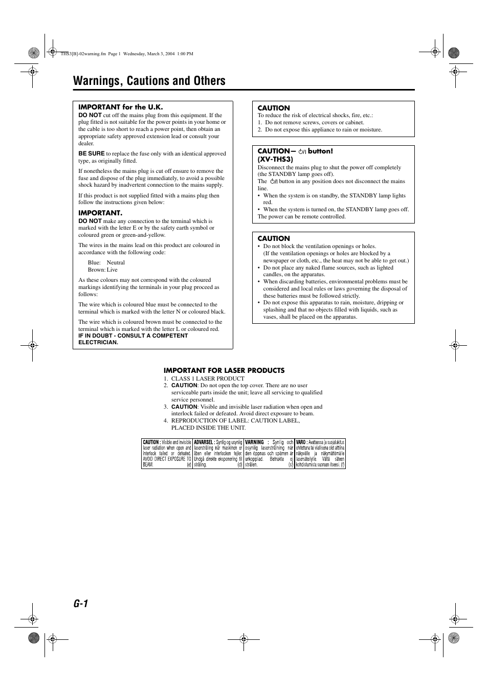 Warnings, cautions and others | JVC XV-THS3 User Manual | Page 2 / 44