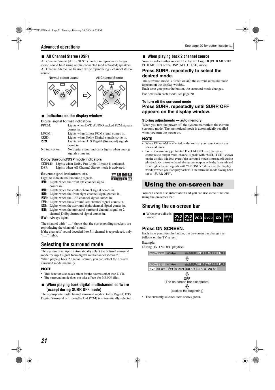 Using the on-screen bar, Selecting the surround mode, Showing the on-screen bar | JVC XV-THS3 User Manual | Page 24 / 44