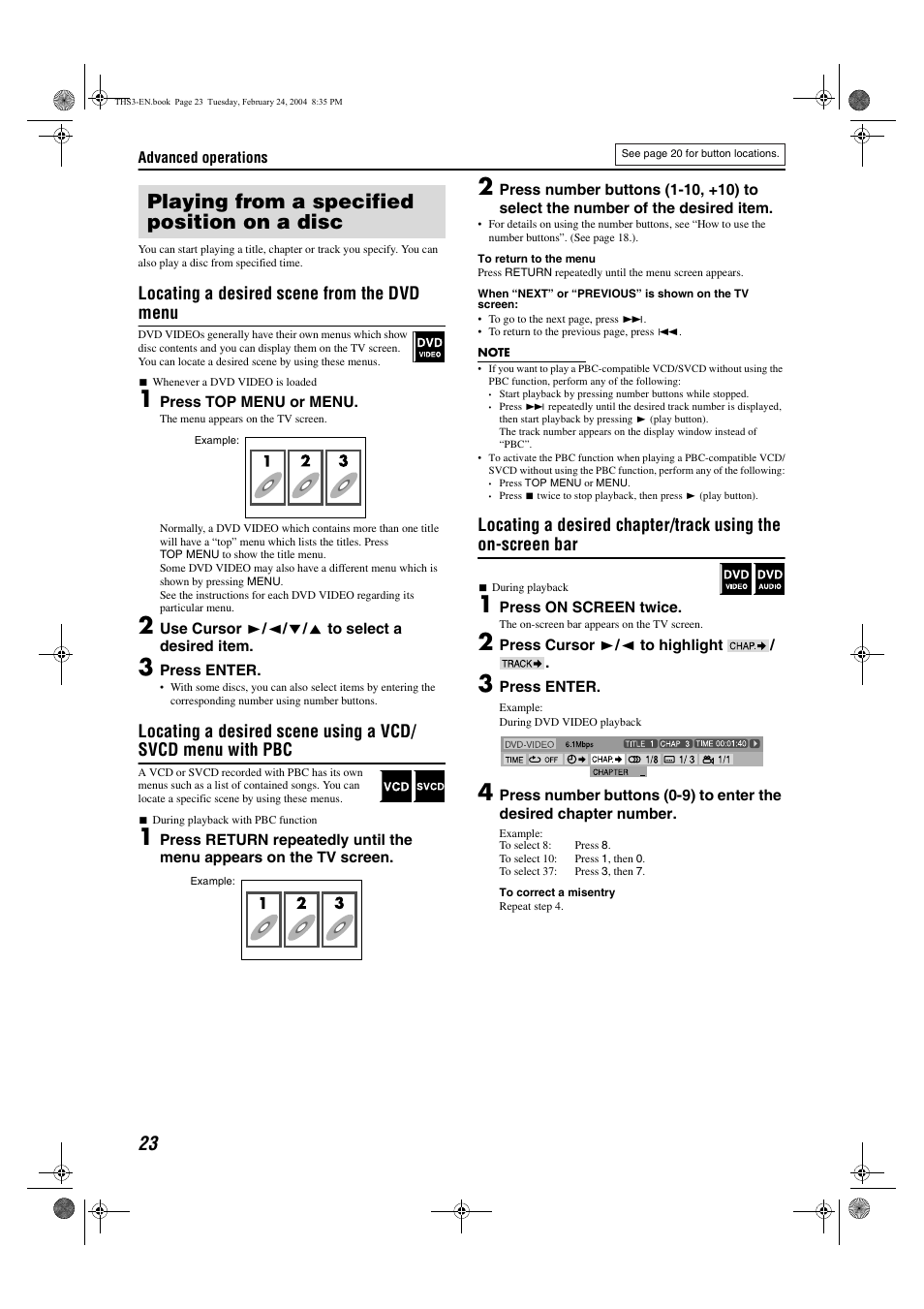 Playing from a specified position on a disc, Locating a desired scene from the dvd menu | JVC XV-THS3 User Manual | Page 26 / 44