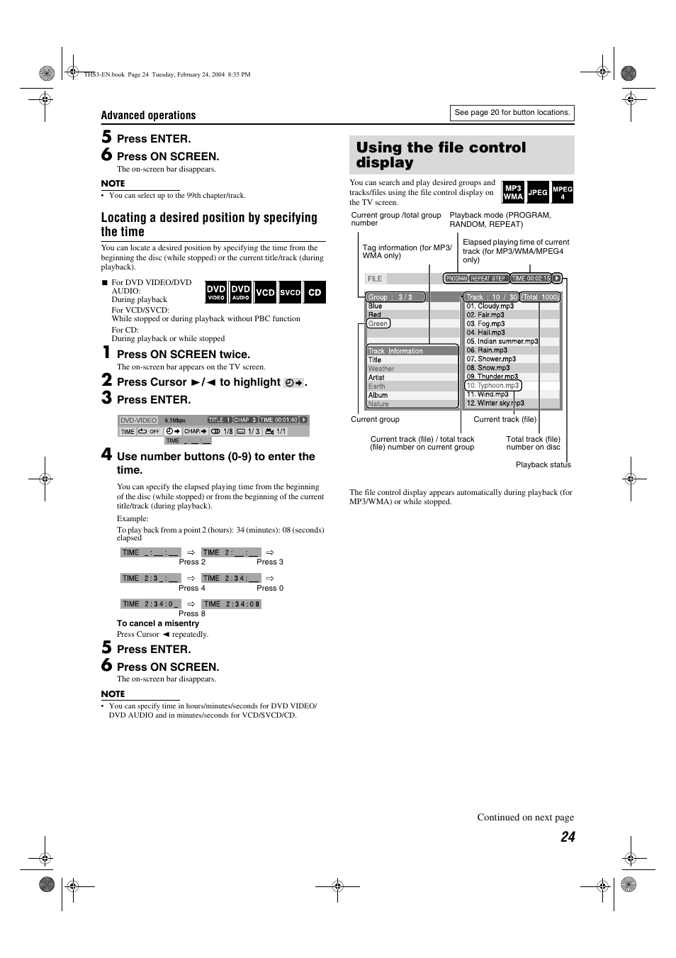 Using the file control display, Locating a desired position by specifying the time | JVC XV-THS3 User Manual | Page 27 / 44