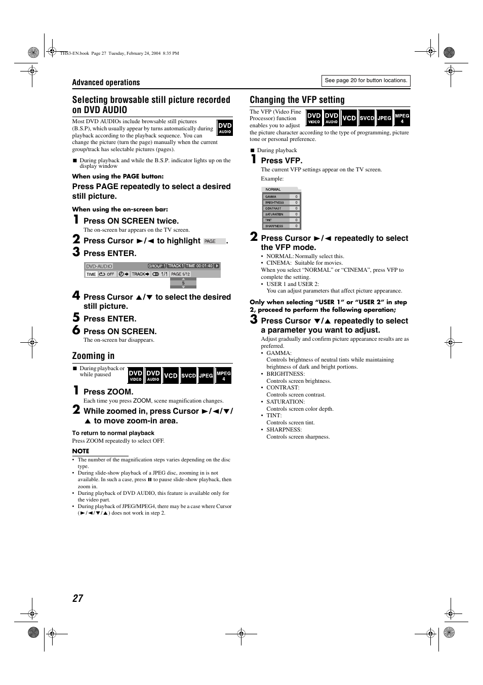 Zooming in, Changing the vfp setting | JVC XV-THS3 User Manual | Page 30 / 44