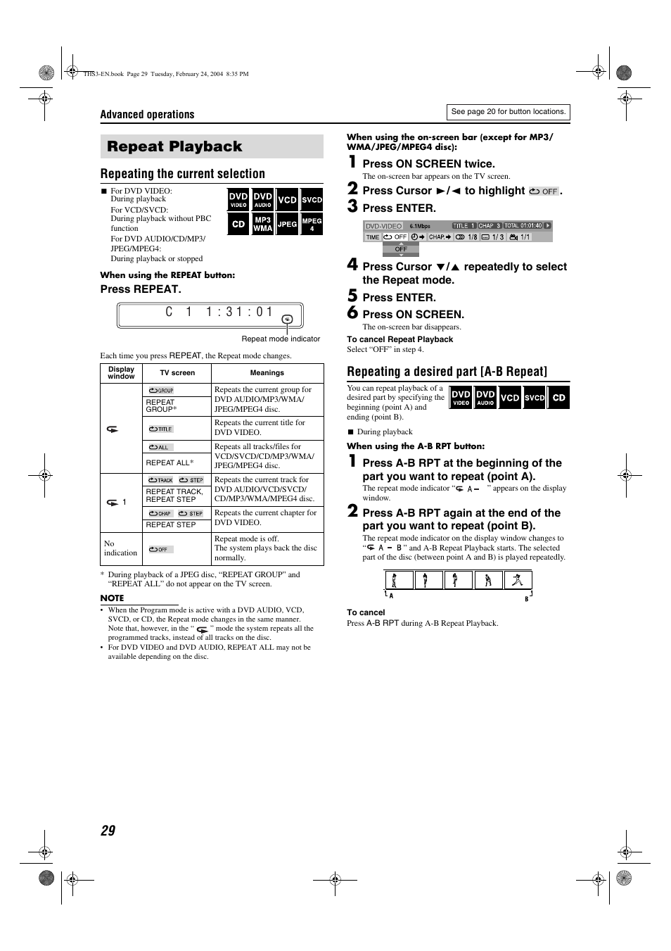 Repeat playback, Repeating the current selection, Repeating a desired part [a-b repeat | JVC XV-THS3 User Manual | Page 32 / 44