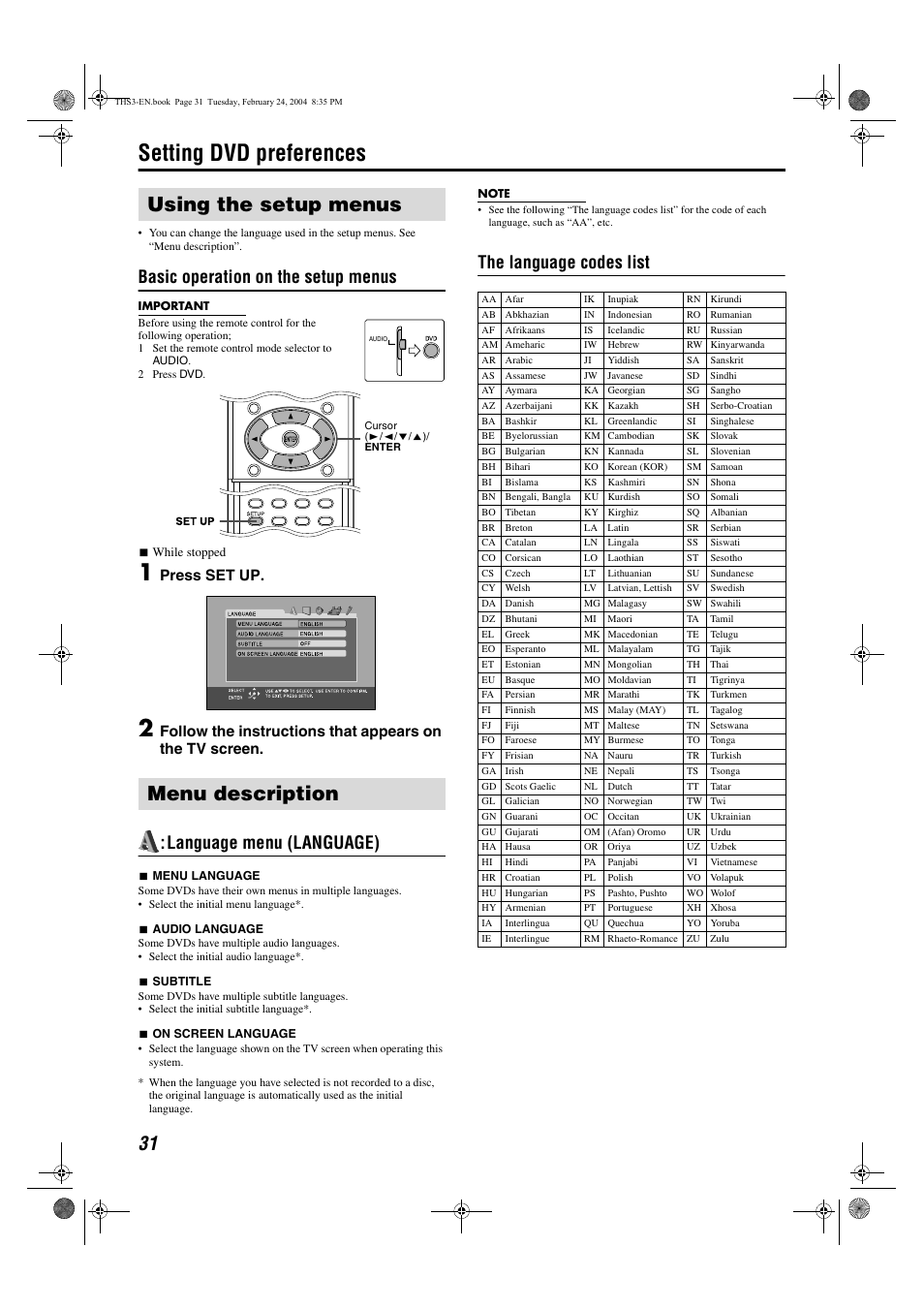 Setting dvd preferences, Using the setup menus menu description, Basic operation on the setup menus | Language menu (language), The language codes list, Press set up | JVC XV-THS3 User Manual | Page 34 / 44