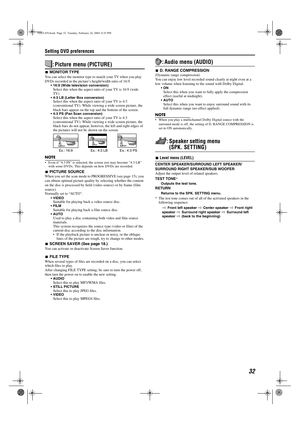 Picture menu (picture), Audio menu (audio), Speaker setting menu (spk. setting) | Setting dvd preferences | JVC XV-THS3 User Manual | Page 35 / 44