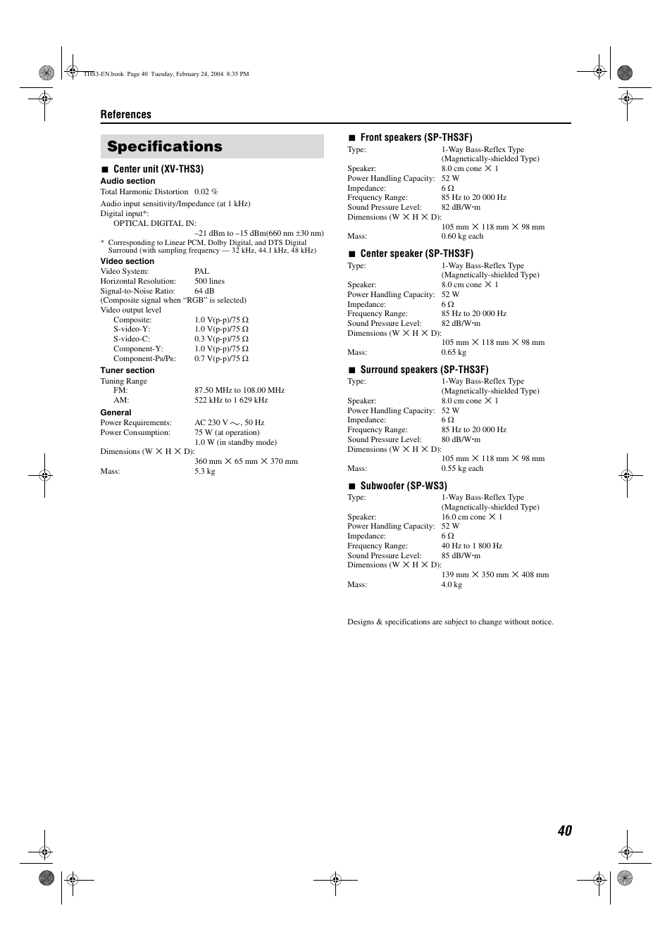 Specifications, References | JVC XV-THS3 User Manual | Page 43 / 44