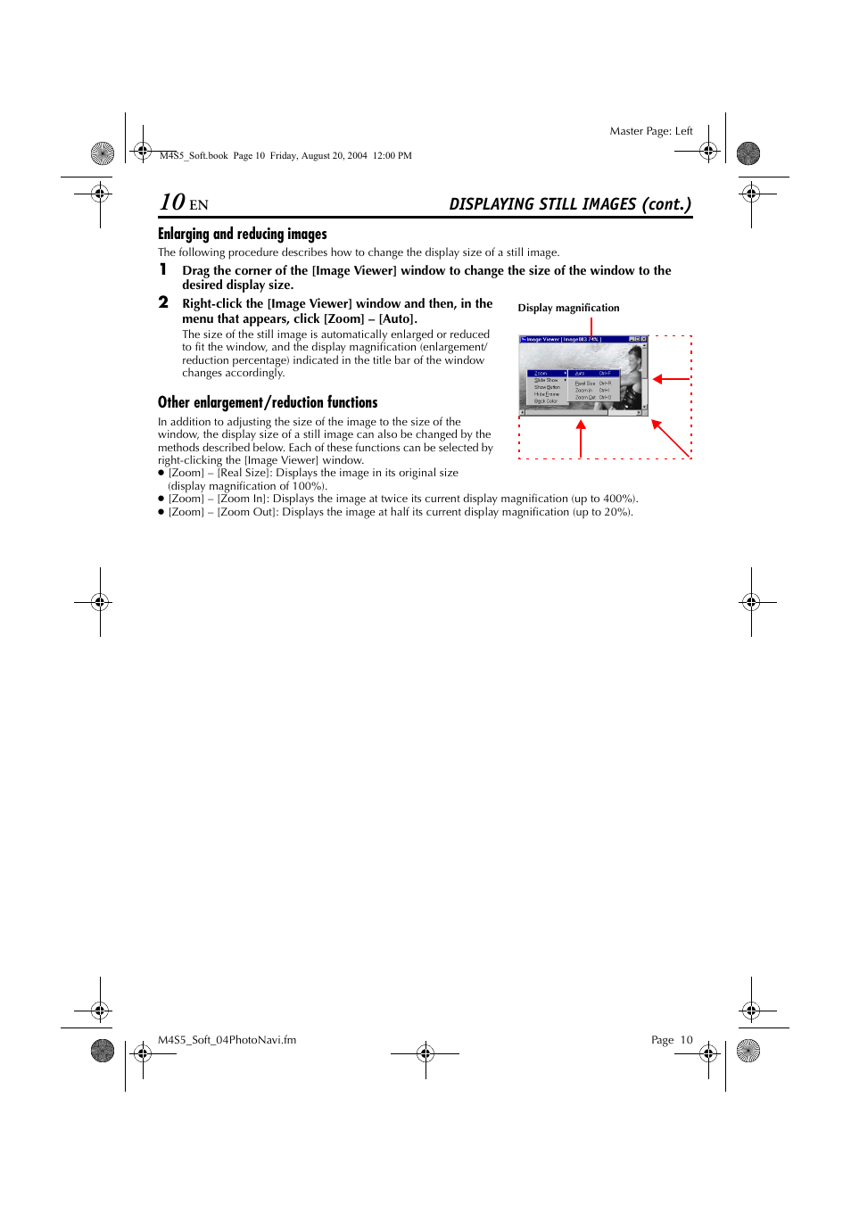 Enlarging and reducing images, Other enlargement/reduction functions, Displaying still images (cont.) | JVC LYT1361-001A User Manual | Page 10 / 23