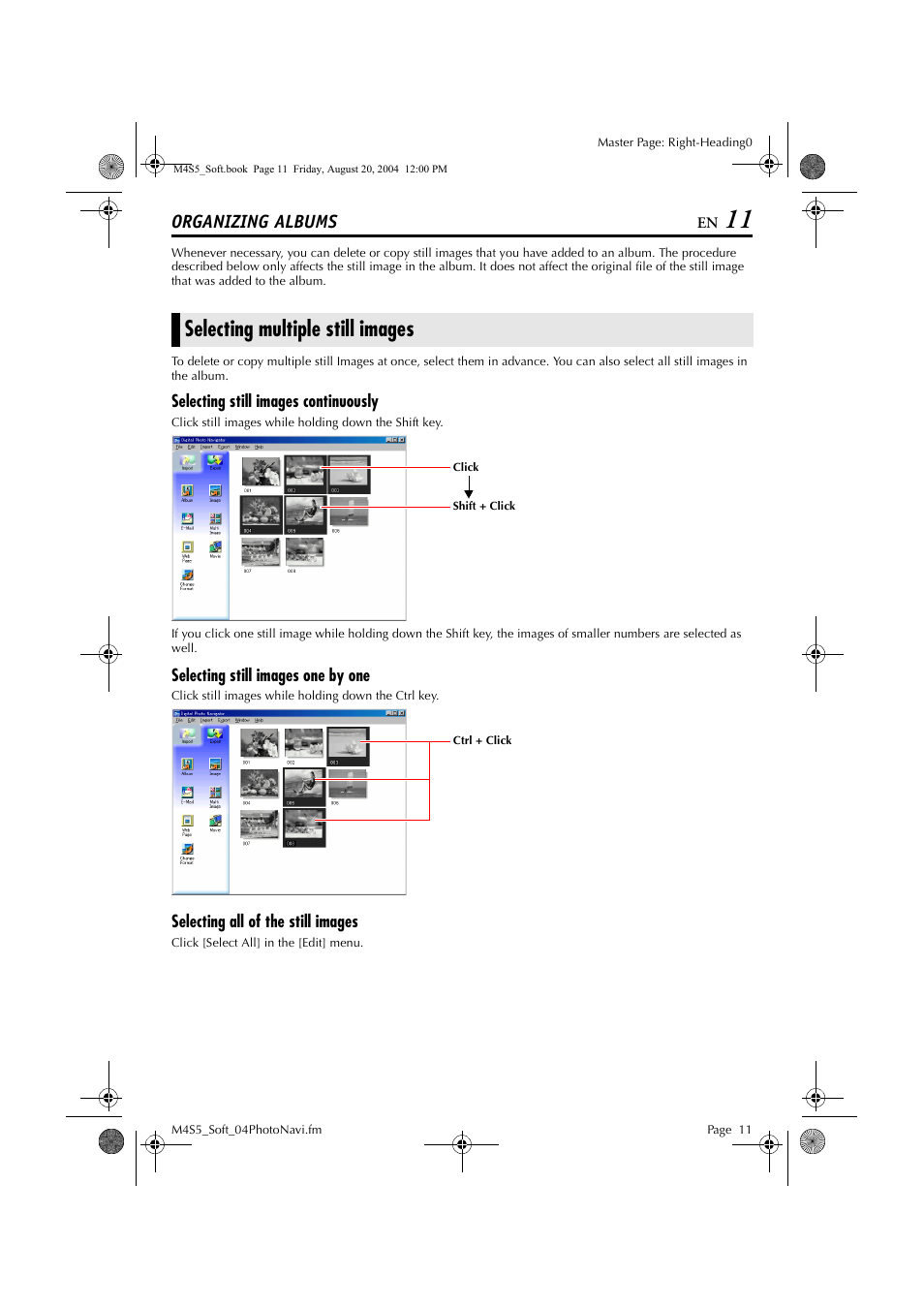 Organizing albums, Selecting multiple still images, Selecting still images continuously | Selecting still images one by one, Selecting all of the still images | JVC LYT1361-001A User Manual | Page 11 / 23