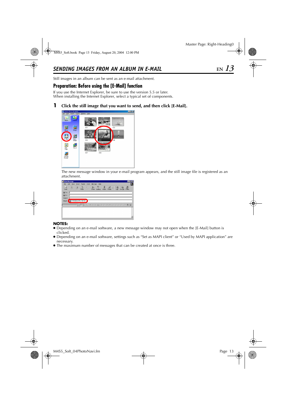 Sending images from an album in e-mail, Preparation: before using the [e-mail] function | JVC LYT1361-001A User Manual | Page 13 / 23