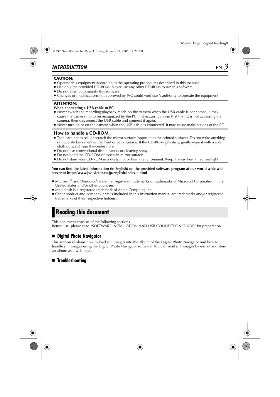 Introduction, Reading this document, Digital photo navigator | Troubleshooting | JVC LYT1361-001A User Manual | Page 3 / 23