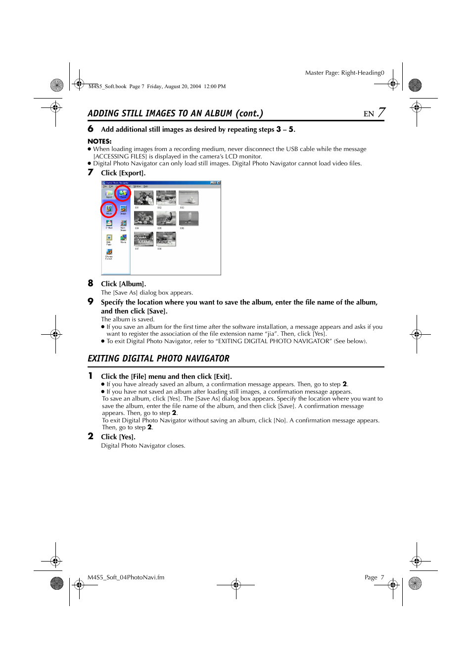 Exiting digital photo navigator, Adding still images to an album (cont.) | JVC LYT1361-001A User Manual | Page 7 / 23