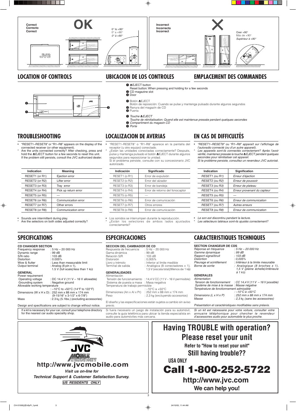 Emplacement des commandes, En cas de difficultes, Caracteristiques techniques | Still having trouble, Localizacion de averias, Troubleshooting, En cas de difficultés, Usa only, We can help you, Refer to "how to reset your unit | JVC CH-X1500  EN User Manual | Page 3 / 12