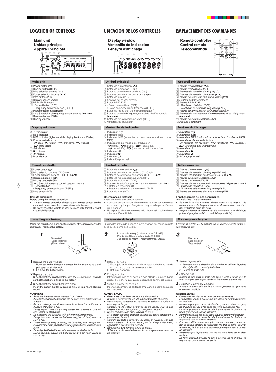 Emplacement des commandes, Ubicacion de los controles, Emplacement des commandes location of controls | Remote controller control remoto télécommande | JVC CH-X1500  EN User Manual | Page 8 / 12