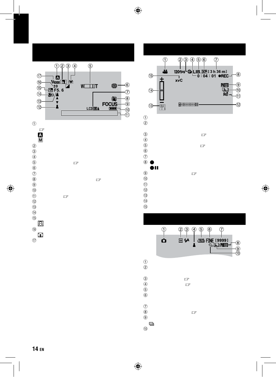 Indications on lcd monitor | JVC Everio GZ-HM1 User Manual | Page 14 / 44