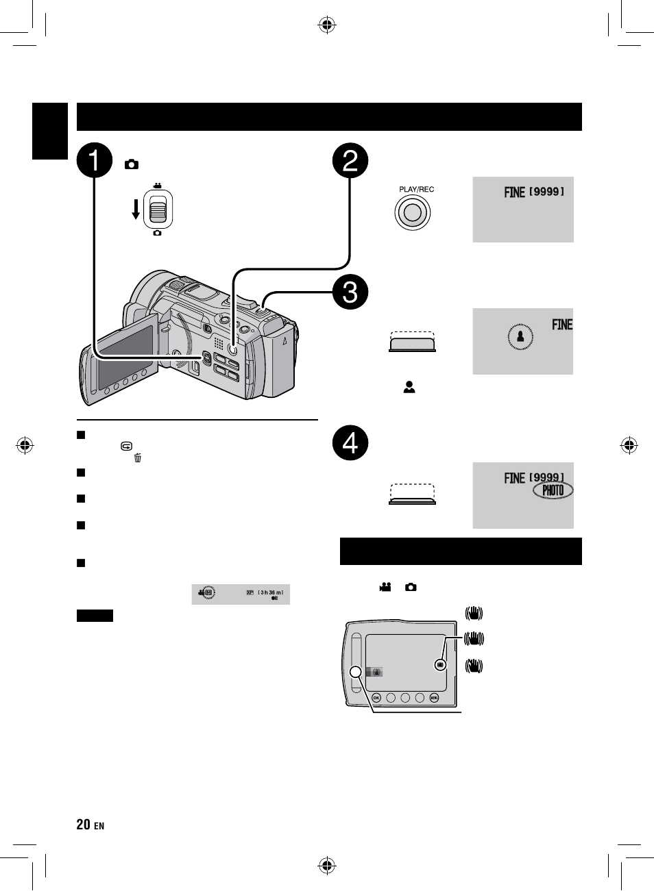 Still image recording, Image stabilizer, Still image recording image stabilizer | Recording files, Continued) | JVC Everio GZ-HM1 User Manual | Page 20 / 44